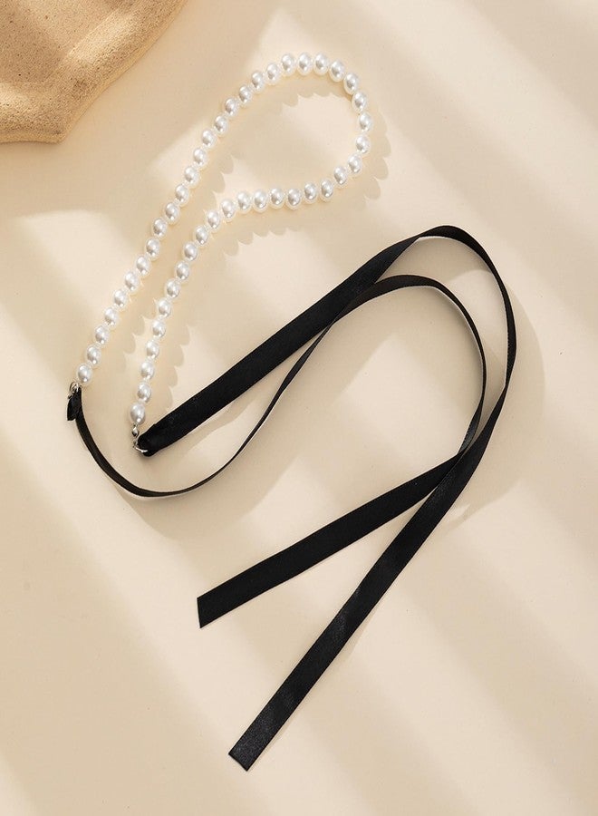 JAVARNV Pearl Necklaces for Women Trendy Black Ribbon Bow Choker Necklace Pearl Choker Necklace Valentines Day Gifts Black, Adjustable - Image 4